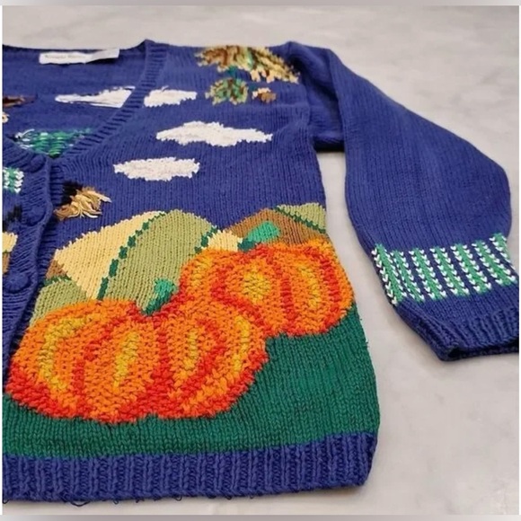 Vintage Alexandra Bartlett Knitted Fall Scarecrow Pumpkin Cardigan Sweater 90s 🎃 - Picture 3 of 6